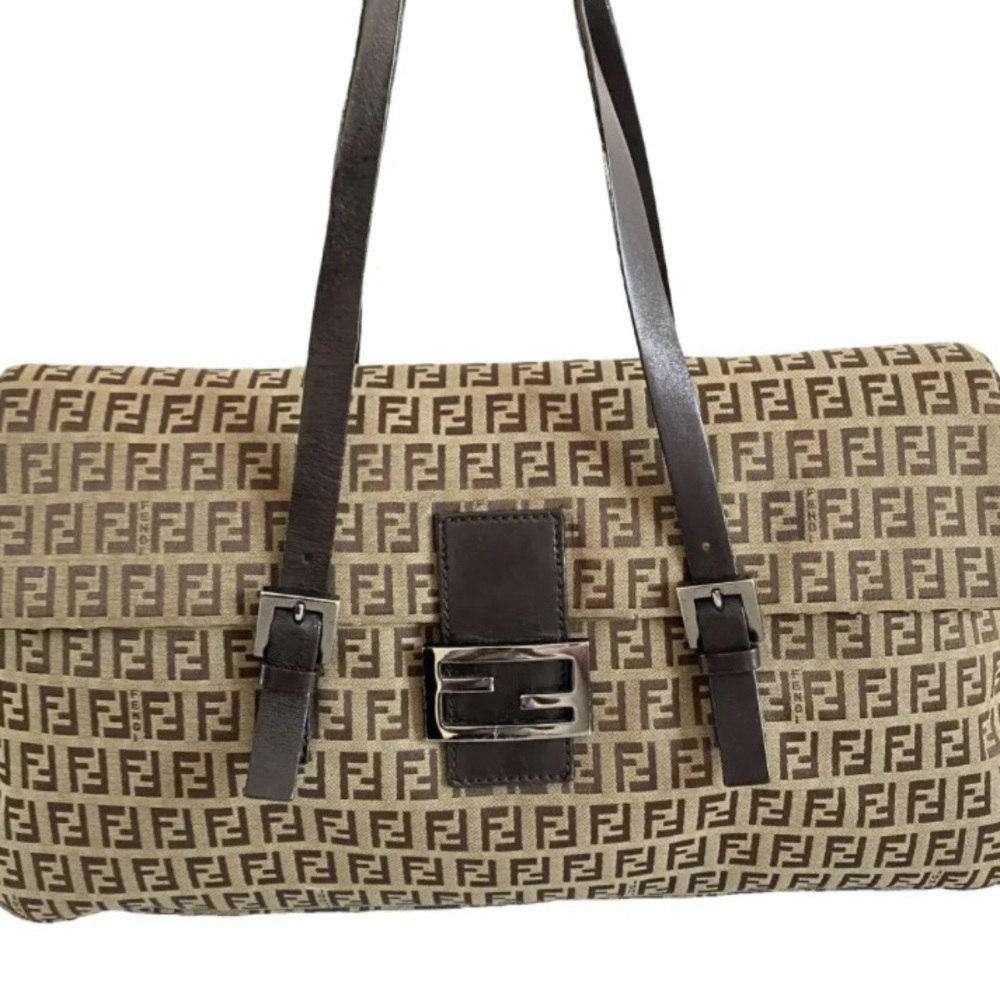 Fendi Zucchino 
Baguette Satchel Flap
Shoulder Bag Large in Brown
Canvas